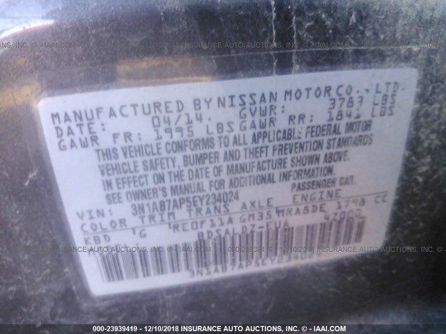 3N1AB7AP5EY234024 - 2014 NISSAN SENTRA S/SV/SR/SL 黑色 照片 9