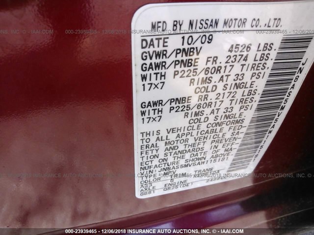 JN8AS5MV5AW115181 - 2010 NISSAN ROGUE S/SL/KROM RED photo 9