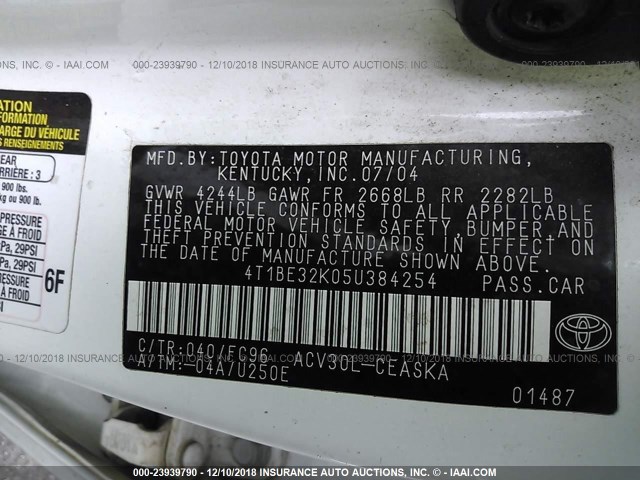 4T1BE32K05U384254 - 2005 TOYOTA CAMRY LE/XLE/SE WHITE photo 9