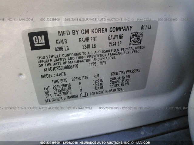 KL4CJCSB0DB095156 - 2013 BUICK ENCORE SILVER photo 9