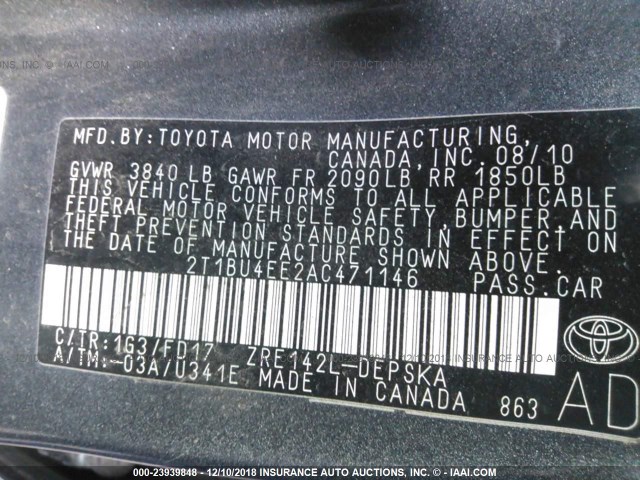 2T1BU4EE2AC471146 - 2010 TOYOTA COROLLA S/LE/XLE GRAY photo 9