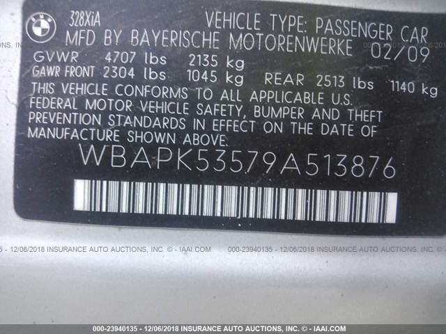 WBAPK53579A513876 - 2009 BMW 328 XI SULEV SILVER photo 9