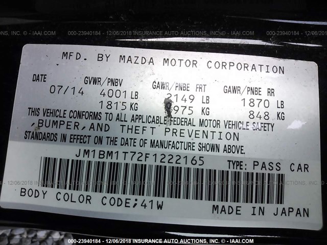 JM1BM1T72F1222165 - 2015 MAZDA 3 SV BLACK photo 9