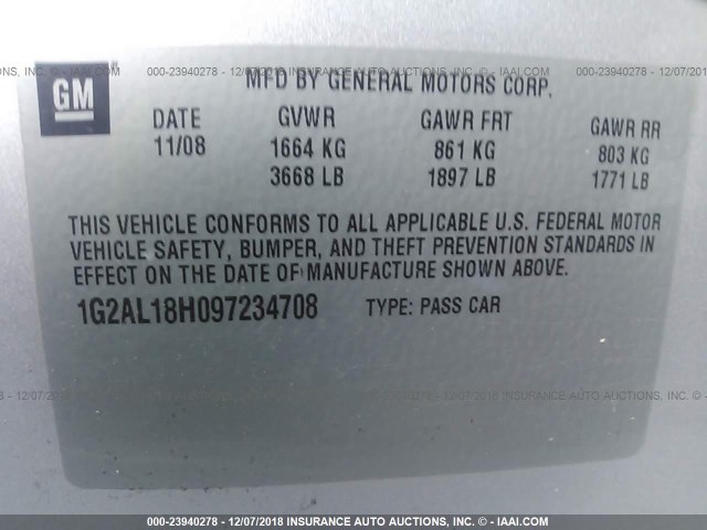 1G2AL18H097234708 - 2009 PONTIAC G5 SILVER photo 9