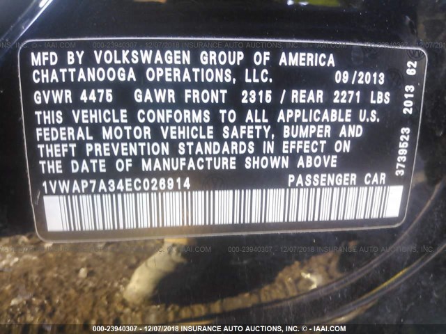 1VWAP7A34EC026914 - 2014 VOLKSWAGEN PASSAT S BLACK photo 9