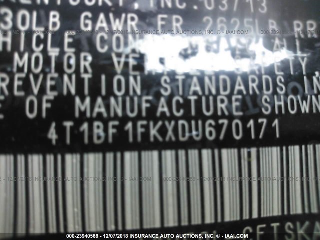 4T1BF1FKXDU670171 - 2013 TOYOTA CAMRY L/SE/LE/XLE 白色 照片 9