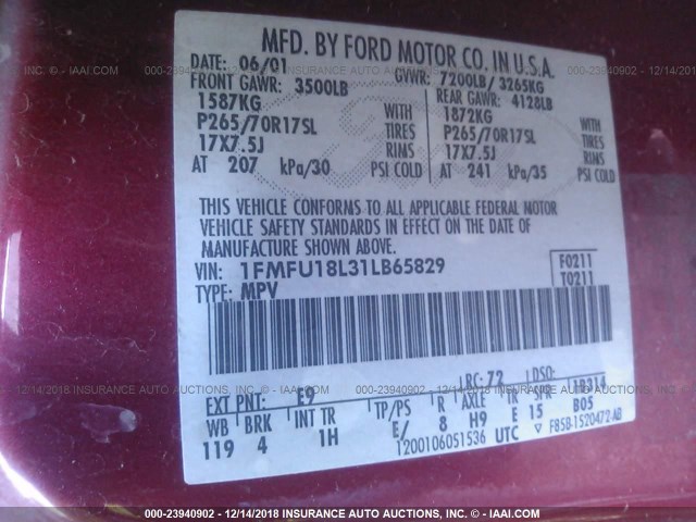 1FMFU18L31LB65829 - 2001 FORD EXPEDITION EDDIE BAUER RED photo 9