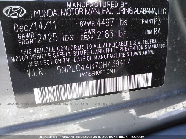 5NPEC4AB7CH439417 - 2012 HYUNDAI SONATA SE/LIMITED GRAY photo 9