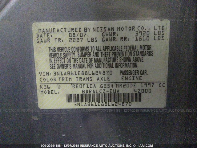 3N1AB61E88L624870 - 2008 NISSAN SENTRA 2.0/2.0S/2.0SL SILVER photo 9