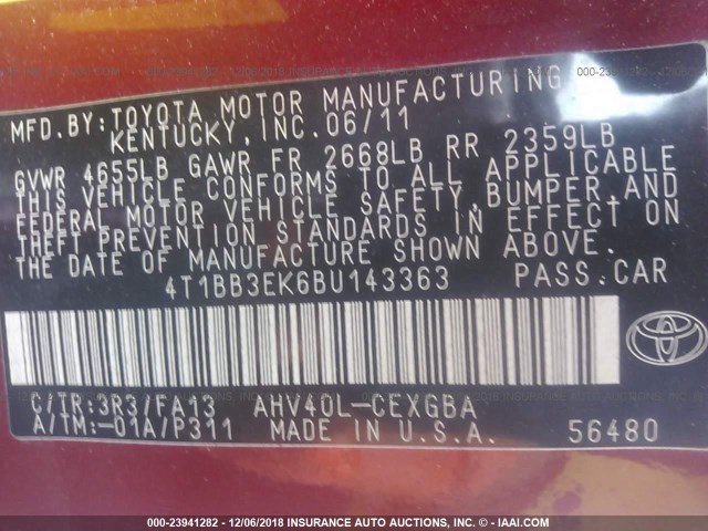 4T1BB3EK6BU143363 - 2011 TOYOTA CAMRY HYBRID RED photo 9