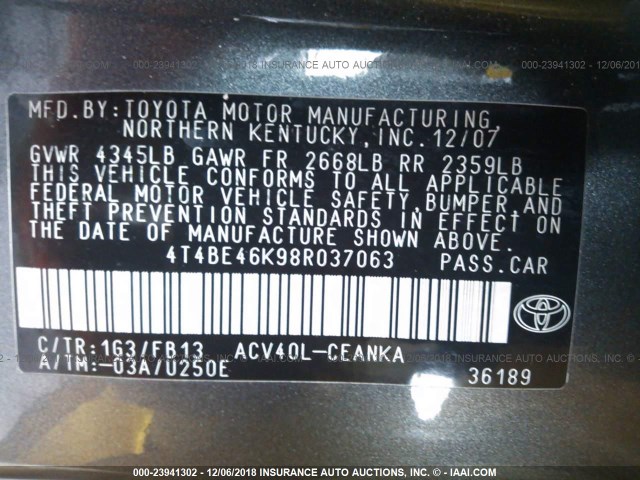 4T4BE46K98R037063 - 2008 TOYOTA CAMRY CE/LE/XLE/SE GRAY photo 9