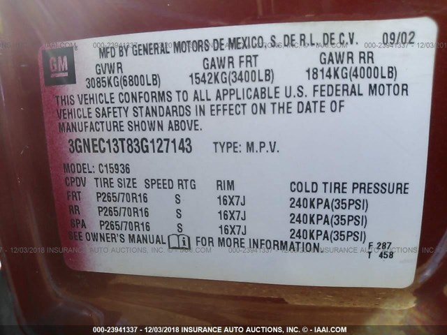 3GNEC13T83G127143 - 2003 CHEVROLET AVALANCHE C1500 RED photo 9