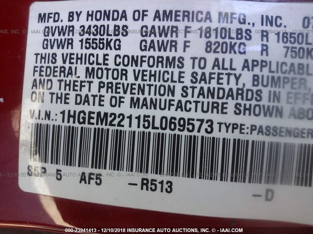 1HGEM22115L069573 - 2005 HONDA CIVIC DX VP Qırmızı foto 9