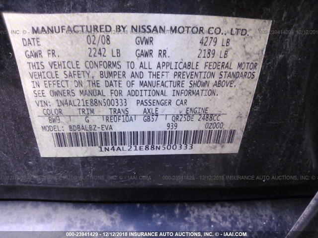 1N4AL21E88N500333 - 2008 NISSAN ALTIMA 2.5/2.5S BLUE photo 9