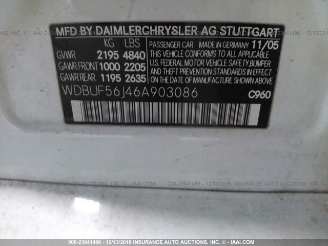 WDBUF56J46A903086 - 2006 MERCEDES-BENZ E 350 WHITE photo 9