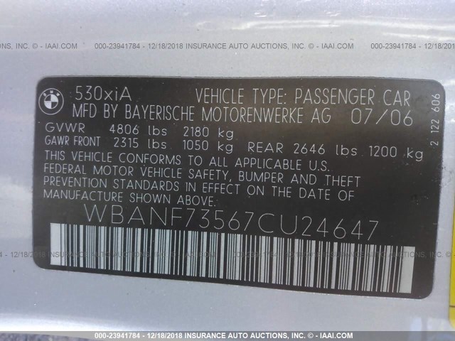 WBANF73567CU24647 - 2007 BMW 530 XI SILVER photo 9