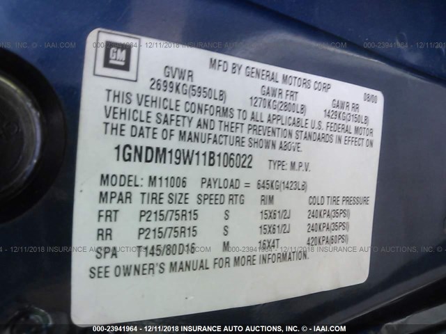 1GNDM19W11B106022 - 2001 CHEVROLET ASTRO BLUE photo 9