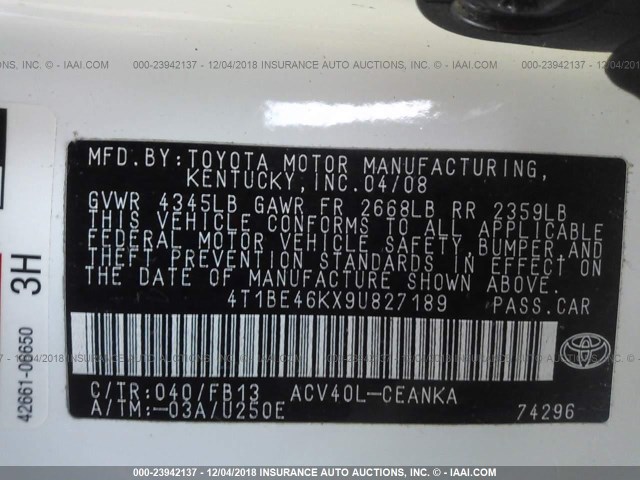 4T1BE46KX9U827189 - 2009 TOYOTA CAMRY SE/LE/XLE WHITE photo 9