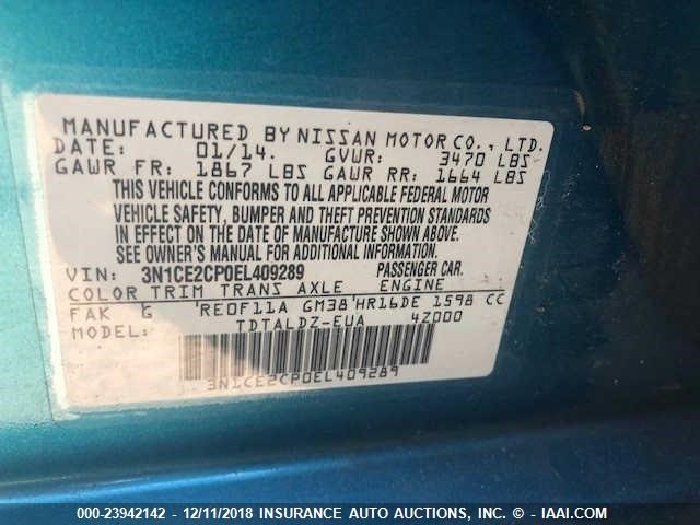 3N1CE2CP0EL409289 - 2014 NISSAN VERSA NOTE S/S PLUS/SV/SL BLUE photo 9