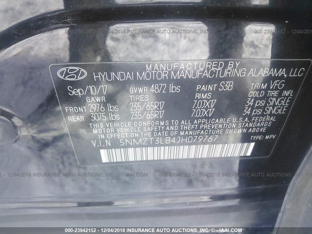 5NMZT3LB4JH079767 - 2018 HYUNDAI SANTA FE SPORT  BLACK photo 9