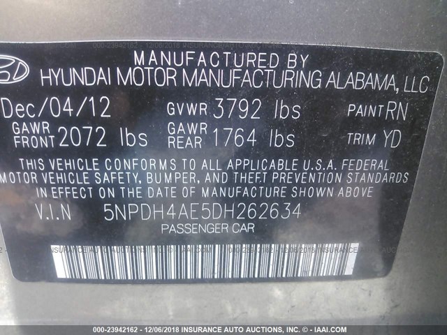 5NPDH4AE5DH262634 - 2013 HYUNDAI ELANTRA GLS/LIMITED GOLD photo 9