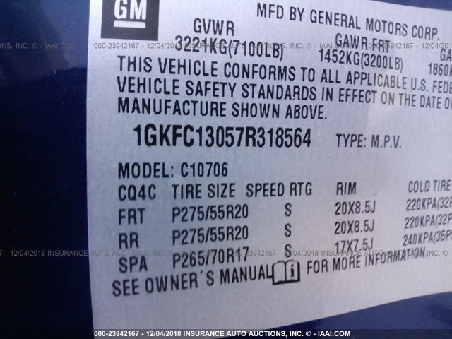 1GKFC13057R318564 - 2007 GMC YUKON BLUE photo 9