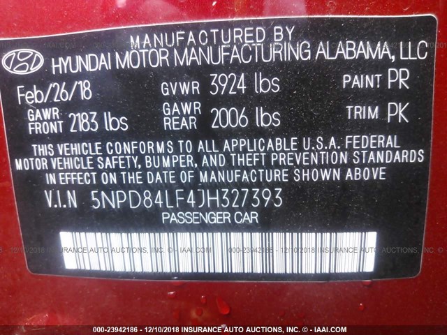 5NPD84LF4JH327393 - 2018 HYUNDAI ELANTRA SEL/VALUE/LIMITED RED photo 9