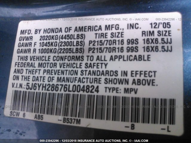 5J6YH28676L004824 - 2006 HONDA ELEMENT EX BLUE photo 9