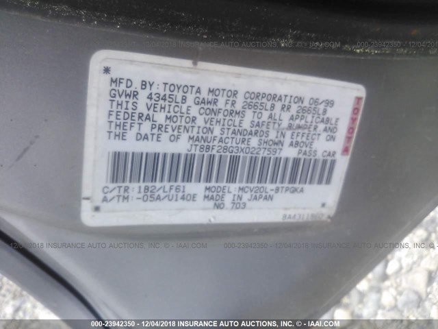 JT8BF28G3X0227597 - 1999 LEXUS ES 300 GRAY photo 9