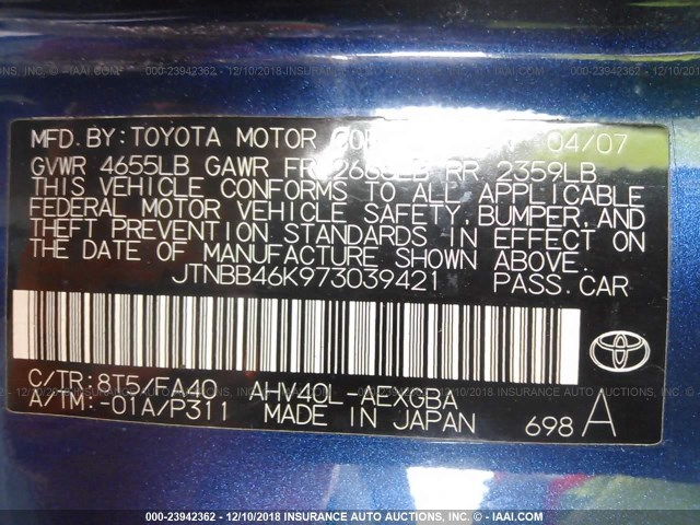 JTNBB46K973039421 - 2007 TOYOTA CAMRY NEW GENERAT HYBRID BLUE photo 9