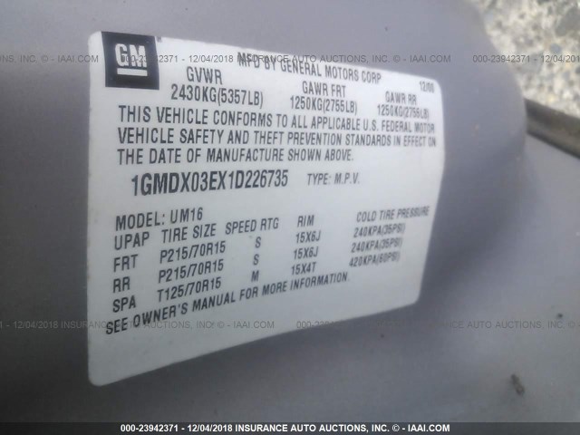 1GMDX03EX1D226735 - 2001 PONTIAC MONTANA SILVER photo 9