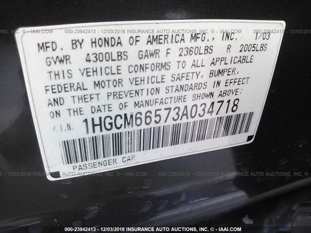 1HGCM66573A034718 - 2003 HONDA ACCORD BLACK photo 9