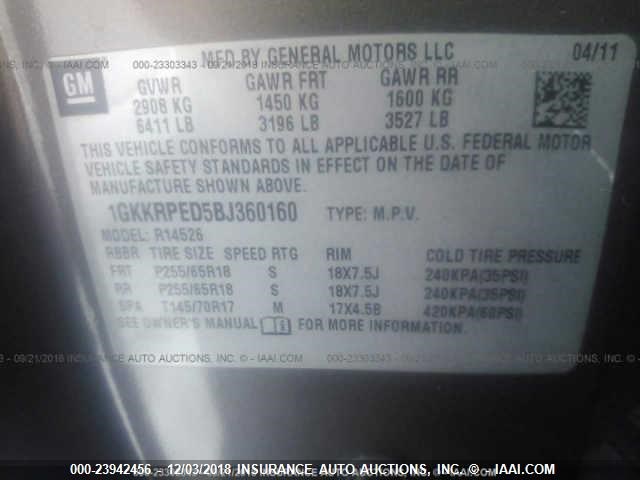 1GKKRPED5BJ360160 - 2011 GMC ACADIA BROWN photo 9