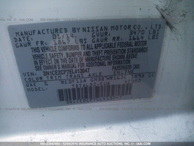 3N1CE2CP7EL413047 - 2014 NISSAN VERSA NOTE S/S PLUS/SV/SL WHITE photo 9