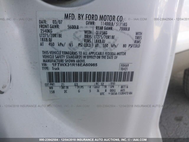 1FTWX31R18EA60985 - 2008 FORD F350 SRW SUPER DUTY Unknown photo 9