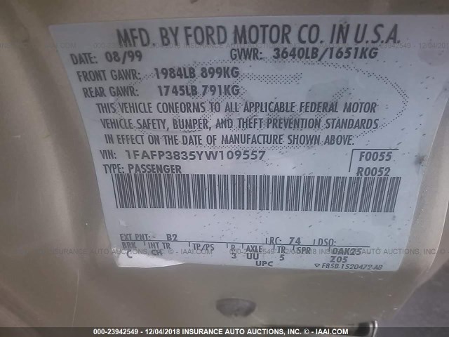 1FAFP3835YW109557 - 2000 FORD FOCUS ZTS BROWN photo 9