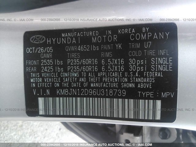 KM8JN12D96U318739 - 2006 HYUNDAI TUCSON GLS/LIMITED 银色 照片 9