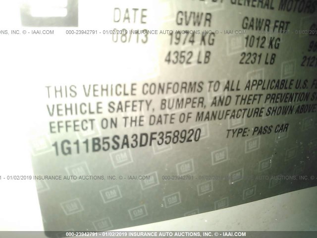 1G11B5SA3DF358920 - 2013 CHEVROLET MALIBU LS 白色 照片 9