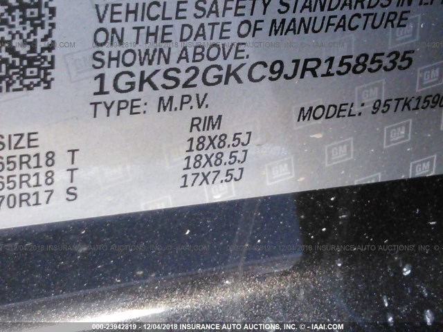 1GKS2GKC9JR158535 - 2018 GMC YUKON XL K1500 SLT GRAY photo 9