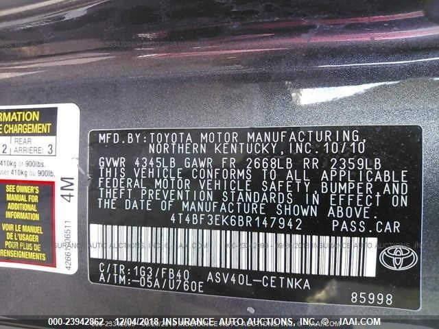 4T4BF3EK6BR147942 - 2011 TOYOTA CAMRY SE/LE/XLE GRAY photo 9