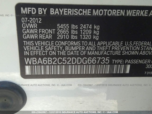 WBA6B2C52DDG66735 - 2013 BMW 650 I WHITE photo 9