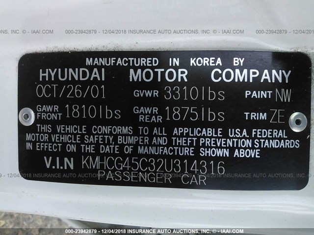 KMHCG45C32U314316 - 2002 HYUNDAI ACCENT GL WHITE photo 9