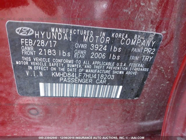 KMHD84LF7HU418203 - 2017 HYUNDAI ELANTRA SE/VALUE/LIMITED RED photo 9