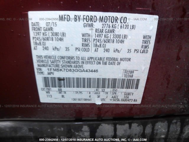 1FM5K7D83GGA43446 - 2016 FORD EXPLORER XLT MAROON photo 9