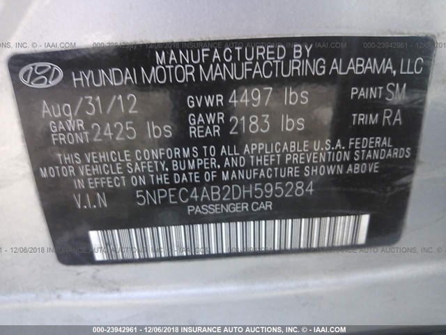 5NPEC4AB2DH595284 - 2013 HYUNDAI SONATA SE/LIMITED SILVER photo 9