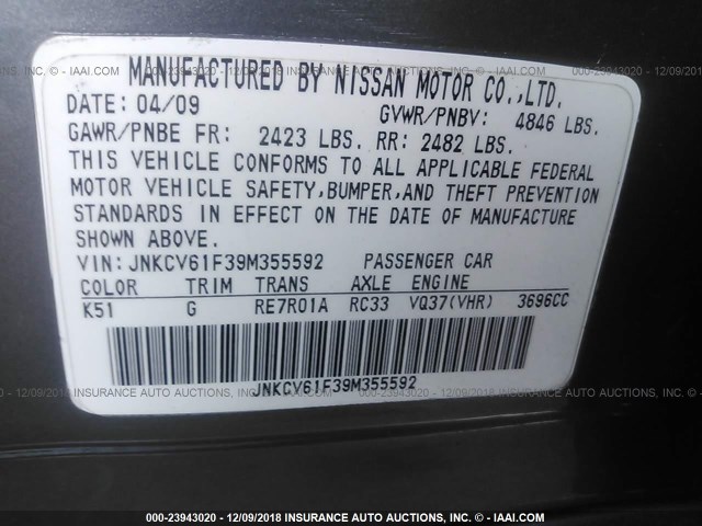 JNKCV61F39M355592 - 2009 INFINITI G37 GRAY photo 9