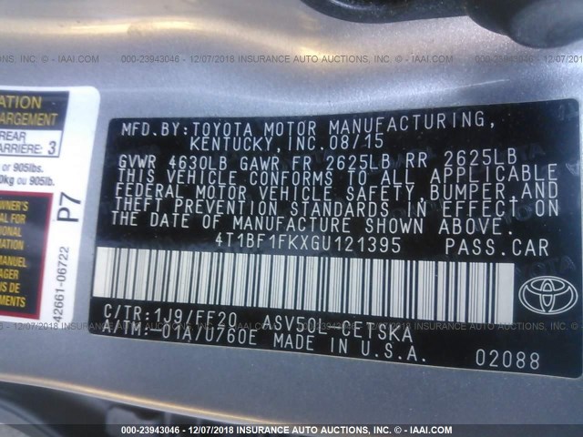 4T1BF1FKXGU121395 - 2016 TOYOTA CAMRY LE/XLE/SE/XSE SILVER photo 9