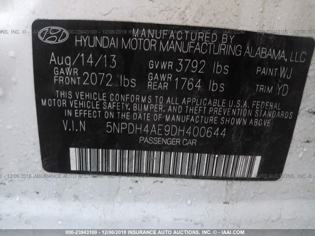 5NPDH4AE9DH400644 - 2013 HYUNDAI ELANTRA GLS/LIMITED WHITE photo 9