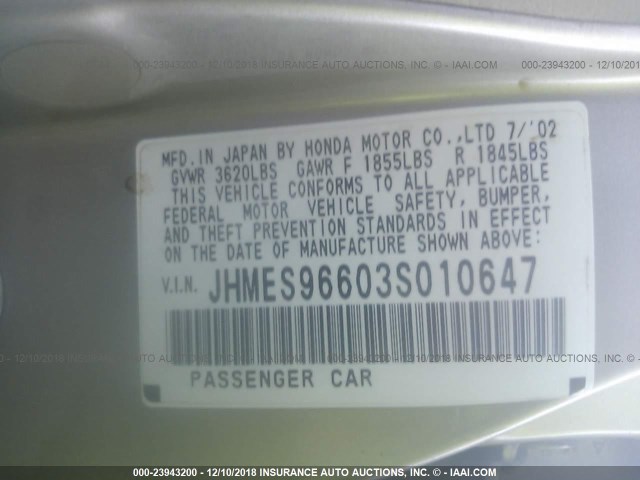 JHMES96603S010647 - 2003 HONDA CIVIC HYBRID GOLD photo 9