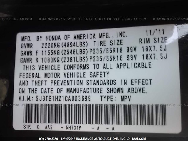 5J8TB1H21CA003699 - 2012 ACURA RDX BLACK photo 9